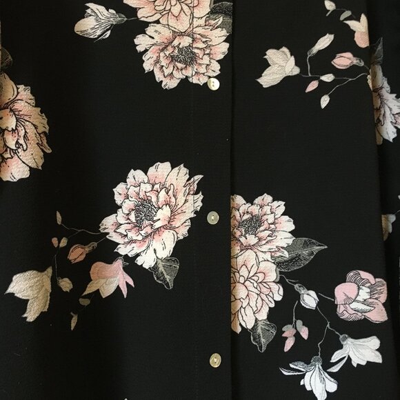 Black Off Shoulder Sleeve Floral Mother of Pearl Button Up Blouse - Picture 5 of 14